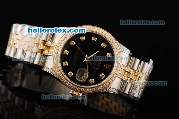 Rolex Datejust Automatic Movement Black Dial with Diamond Bezel and Two Tone Strap - Click Image to Close